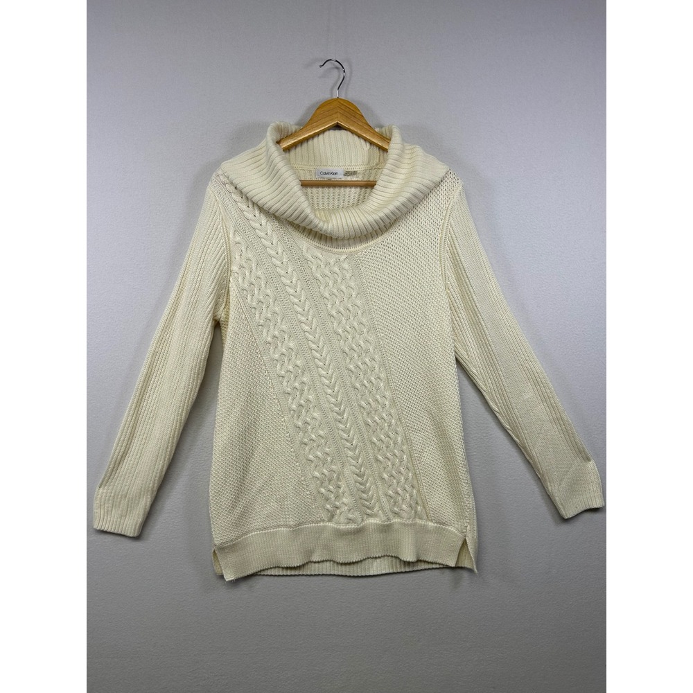 Minimalist Calvin Klein Womens Large Cream Cable Knit Cowl Neck Sweater Chic‎